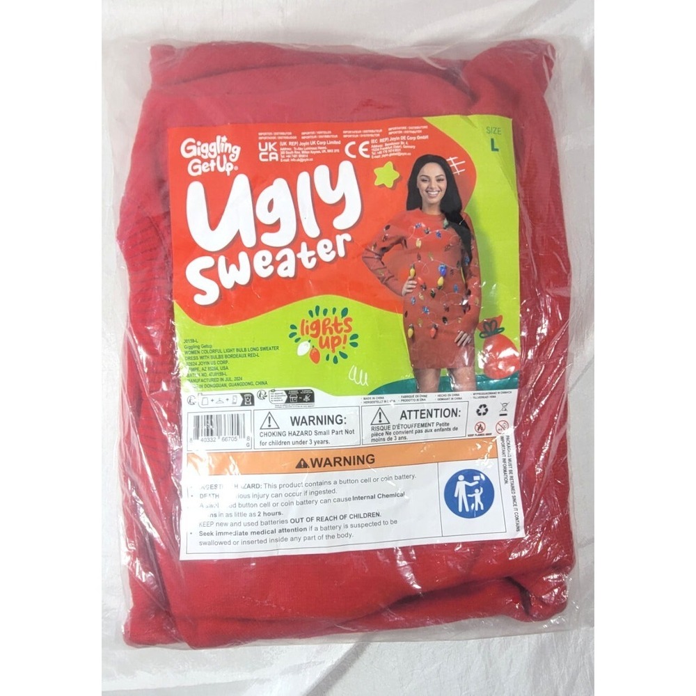 Giggling Getup Light-up Bulbs Ugly Christmas Sweater Dress - Red - Large